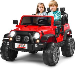 COSTWAY Kinder Elektroauto 2 Sitzer mit 2,4G-Fernbedienung, 3 Gang 12V Kinderauto mit MP3, Musik, Hupe und Scheinwerfer, Jeep Auto 2,5-4 km/h, für Kinder ab 3 Jahren (Rot)