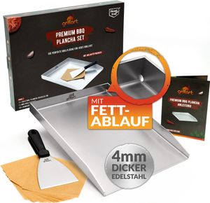 Premium Plancha Grillplatte aus hochwertigem Edelstahl offene Ecken inkl. Grillspachtel - hergestellt in Österreich (Induktionsgeeignet)