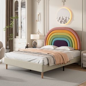 Flieks Jugendbett 140x200cm Polsterbett mit Lattenrost, Massivholzbett Doppelbett mit Regenbogenförmigem Kopfteil, Kinderbett Samt, Beige