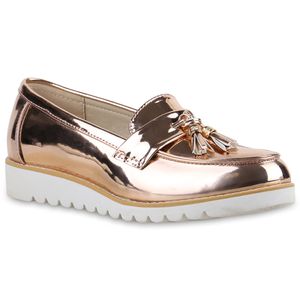 Mytrendshoe Damen Tassel Loafers Metallic Slipper Schuhe Profilsohle 815925, Farbe: Rose Gold, Größe: 36