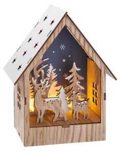 dekojohnson LED Deko-Weihnachtshaus mit Waldmotiv beleuchtetes 3D Holzbild Waldszene zum stellen Weihnachtsdeko Weihnachtsstadt Weihnachtsdorf Holz-Deko 19cm