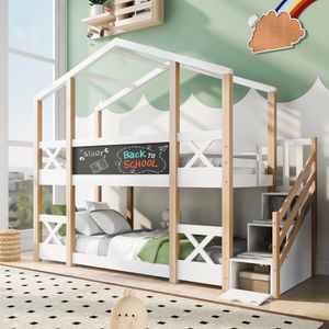 Merax poschodová posteľ 90x200 cm s ochranou proti vypadnutiu a schodmi vrátane 3 zásuviek, borovicová podkrovná posteľ, postieľka pre 2 deti