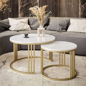 Runder Couchtisch LORI GOLD 2in1 Hochglanz Gold matt / Weiß hochglanz