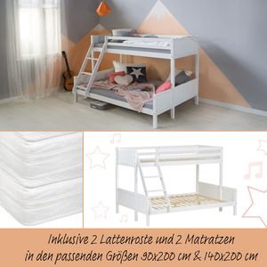 Homestyle4u 2064, Detská poschodová posteľ s lamelovým rámom 2 matrace 90x200 a 140x200 Posteľ pre mladých Loft Bed White Wood