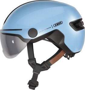 ABUS Stadthelm HUD-Y ACE - stylischer Fahrradhelm mit Visier und magnetischem, aufladbarem LED-Rücklicht - für Damen und Herren - Blau, Größe M (54-58 cm)