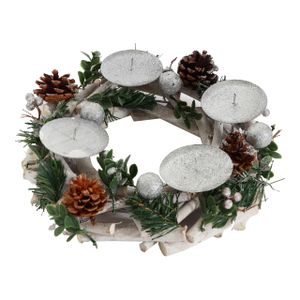 Adventskranz HWC-M12, Adventsgesteck Tischkranz Weihnachtsdeko Tischdeko Holz silber weiß Ø 30cm  ohne Kerzen