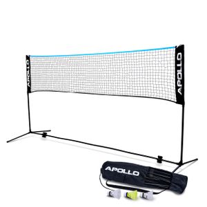 Apollo Badminton Netz, Volleyball Netz | 400cm | Federballnetz 3-Fach-Höhenverstellbar, Set bestehend aus Netz, 3X Federball, stabilem Eisen-Gestell, Transporttasche, Indoor & Outdoor - Schwarz/Blau 400cm