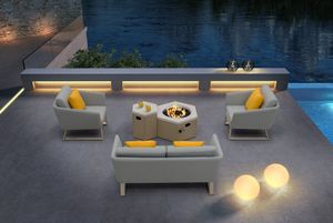 Sigarten Lounge Set, Gartenmöbel Set mit Gasfeuerstelle Blaise 9-teilig-beige/grau, 2 Sessel+ 2er Sofa+ Couchtisch+ Feuerstelle