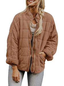 Lose Passform Damen Jacke mit Reißverschluss und Revers Warme Tasche Gepolstertes Manteloberteil,Farbe: Braun,Größe:L