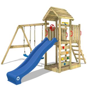 WICKEY Spielturm Klettergerüst MultiFlyer Holzdach mit Schaukel & blauer Rutsche, Kletterturm mit Holzdach, Sandkasten, Leiter & Spiel-Zubehör