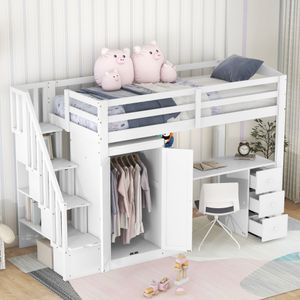Hochbett mit Kleiderschrank und Treppe, Schreibtisch und Schubladen und Schrank, 90 x 200 cm, weiß