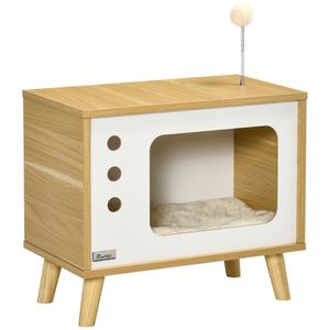 PawHut Katzenhaus, Katzenhütte im TV Design mit Spielball, Katzenbett mit Kissen, Katzenkorb, Eiche+Beige+Weiß, 50 x 28 x 43 cm