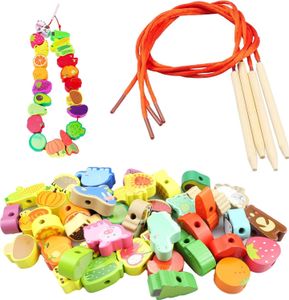 Holzspielzeug Fädelspiel, Holz Tiere Obst Gemüse Spielzeug, Montessori Spielzeug für Kinder, Lernspielzeug