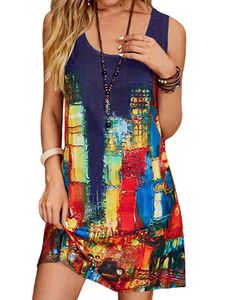 Damen Sommerkleider Sleeveless Minikleider Boho Abstract Print Tank Kleid Strandkleid Lila,Größe L