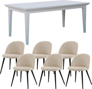 Venedig Essgruppe Tisch weiß 95x180/276 mit 2 Stk. Zusatzplatten 6 Stühlen Velour beige.