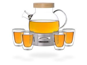 Kira Teeset / Teeservice / Teekanne Glas 900ml mit Tüllensieb, Bambusdeckel, Stövchen und 4 doppelwandige Teegläser je 100ml