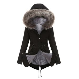 Damen Kapuzen-Baumwollwattejacke, Lässige Mode Plus Samtjacke, Winterwarme Baumwollwattejacke,Farbe:Schwarz,Größe:S