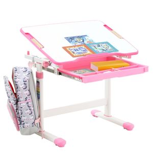Kinderschreibtisch VITA weiß/rosa höhenverstellbar und neigbar, Schreibtisch für Kinder mit Schublade, Tisch mit Rinne für Stifte und Rucksackhalterung