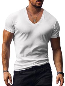 Herren Sommer V-Ausschnitt Einfarbig Slim Fit Dünn Freizeit T-Shirt Kurzarm Bluse Weiss,Größe L