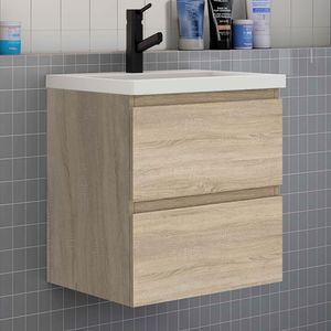 Badezimmermöbel 50cm CINIC-Serie Keramik Waschtisch mit Unterschrank Hängeschrank Badezimmerschränke mit 2 Schubladen Eiche