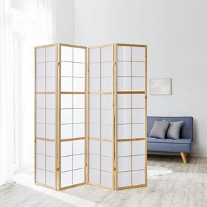 Homestyle4u 167, Paravent Raumteiler 4 teilig, Holz Natur, Reispapier Weiß, Höhe 175 cm