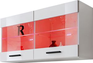 Komodee | Vitrine Schrank mit 2 Türen Savona, Korpus Weiß Matt Frontfarbe Weiß Hochglanz, LED RGB