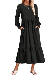 Damen Maxikleider Langarm Kleider Baggy Casual Langes Kleid Sommerkleid Strandkleid Schwarz,Größe XL