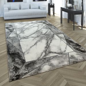 Teppich Wohnzimmer Kurzflor Marmor Optik Mit Bordüre Modern Geometrisch Silber, Grösse:160x230 cm