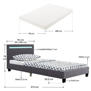 Juskys Polsterbett Verona 90x200 cm grau mit Matratze – Einzelbett + LED-Beleuchtung, Lattenrost & Kopfteil – Bett aus Holz & Kunstleder-Bezug