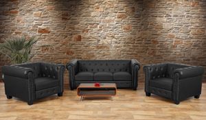 Luxusná sedacia súprava 3-1-1 lounge sofa Chesterfield Imitácia kože ~ hranaté nohy, čierna