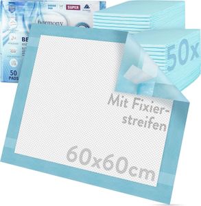 Harmony Care® Inkontinenz Bettunterlage mit Fixierstreifen rutschfeste Inkontinenzauflagen Einlagen Krankenunterlagen einweg - 60x60 cm, 50 Stück