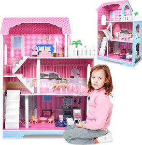 LZQ Dřevěný domeček pro panenky Vila pro panenky s nábytkem a příslušenstvím Domeček pro panenky 3 patra 70 x 36 x 100 cm, model B