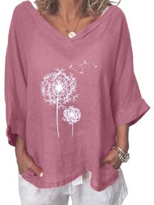 Damen Blusen Baumwolle Leinen Tshirts T-Shirt V Neck Sommer Shirts Lässig Oberteile Rosa,Größe XL