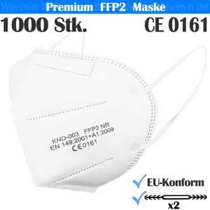 1000x FFP2 Maske, 95% Filtration Atemschutzmasken, 5 Schichten Mundschutz, CE, weiß