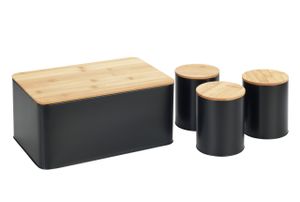 WENKO Brotkasten Set mit 3 Vorratsdosen, schwarz - Deckel aus Bambus - 4-teiliges Vorratsset