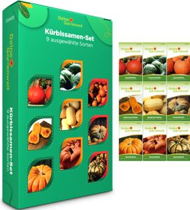 Kürbissamen Set - 9 Sorten Samen - Saatgut Sortiment - Anzuchtset für Kürbisse - Geschenkset - Hokkaido-Kürbis, Flaschenkürbis, Butternutkürbis, Spaghettikürbis, Muskatkürbis und mehr