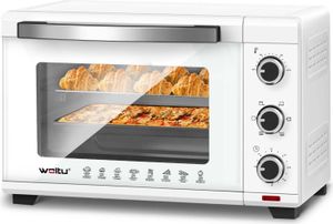 WOLTU Mini Backofen mit Umluft, Pizzaofen 32 L, 1600 W, 100-230 °C, 0-60 Min. Timer, 5 Heizmodi, Doppelglastür, mit Drehspieß Backblech Grillrost Krümelblech Rostheber, Weiß