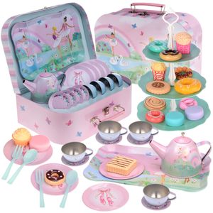 Jewelkeeper - 42-teiliges Teeservice Set für Junge Mädchen Zinn Tee Set Kinder + Lebensmittel und Tragekoffer Pretend Play - Ballerina Design