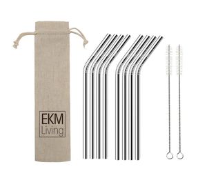 EKM Living Edelstahl Strohhalme 8er Set Silber gebogen GmbH, Trinkhalme, bruchfest, wiederverwendbar, spülmaschinengeeignet, plastikfrei (Silber gebogen, 8)