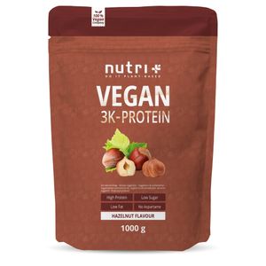 Protein Vegan 1kg - 84,1% pflanzliches Eiweiß - Nutri-Plus Shape & Shake 3k-Proteinpulver - Veganes Eiweißpulver ohne Laktose & Milcheiweiß - Haselnuss