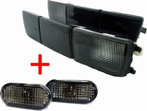 2x kierunkowskazy przednie + długie kierunkowskazy zderzakowe w kolorze czarnym dymnym + kierunkowskazy boczne do VW Golf 3 / Vento z lat 1991-1999
