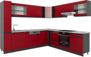 Vicco Eckküche R-Line, 257 x 277 cm J-Shape, AP Marmor, Rot/Anthrazit