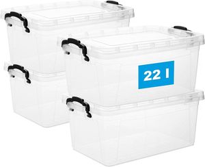 Plastikbox mit Deckel 4er Set 22 Liter Kunststoffbox Aufbewahrungsbox - Ideal als Stapelboxen mit Deckel & Griff für Haushalt & Büro Aufbewahrung, Transparent BPA-frei Kunststoff