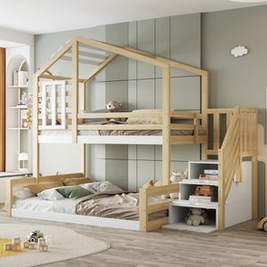 Flieks Etagenbett 90x200 / 140x200cm mit Rausfallschutz, Kinderbett Hausbett mit Fenster, Hochbett mit Treppe, Holzbett Stockbett 2 Kinder, Holzfarbe Flieks Etagenbett 90x200 / 140x200cm mit Rausfallschutz, Kinderbett Hausbett mit Fenster, Hochbett mit Treppe, Holzbett Stockbett 2 Kinder, Holzfarbe