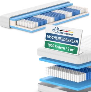AM Qualitätsmatratzen | 1000 Federn 7-Zonen Taschenfederkernmatratze - 100x220 cm - H3 | Tonnentaschenfederkernmatratze | 100/220 | Federkernmatratze | Härtegrad H3 | 7 Zonen | 24 cm Höhe