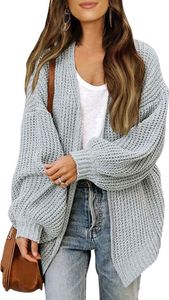 ASKSA Damen Cardigan Strickjacke Offene Front Strickpullover Elegant Laternenaermel Einfarbig Oversized Casual Strick Cardigan Strickmantel,Hellgrau,L ASKSA Damen Cardigan Strickjacke Offene Front Strickpullover Elegant Laternenaermel Einfarbig Oversized Casual Strick Cardigan Strickmantel,Hellgrau,L
