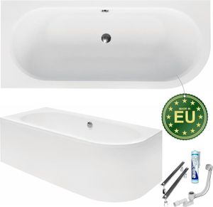 ECOLAM Badewanne 180x80 LINKS Avita Eckbadewanne mit Schürze | Acrylwanne Mittelablauf für ZWEI + Schürze Füße Silikon Ablaufgarnitur Komplettset