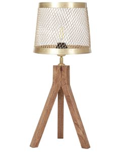 BELIANI Tischlampe Messing und Dunkelbraun Mango-Holz mit Rundem Schirm Metall Trommelform Dreibein Kabel mit Schalter Gitter-Design Schlafzimmer Deko