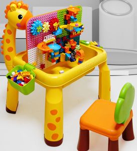 6-in-1 Kinder Bautisch/Spieltisch "Giraffe" inkl. 110 Bausteine (Duplo kompatibel), LED Licht und 2 Stühlchen