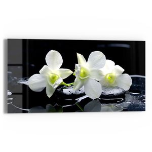 DEQORI Glasbild Echtglas 60x30 cm 'Orchidee mit Zen-Steinen' Wandbild Bild modern Deko